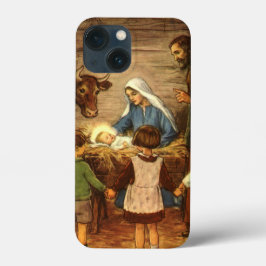 ヴィンテージ クリスマス、赤ちゃんイエスと宗教的な降誕の場面 iPhone 13 MINIケース