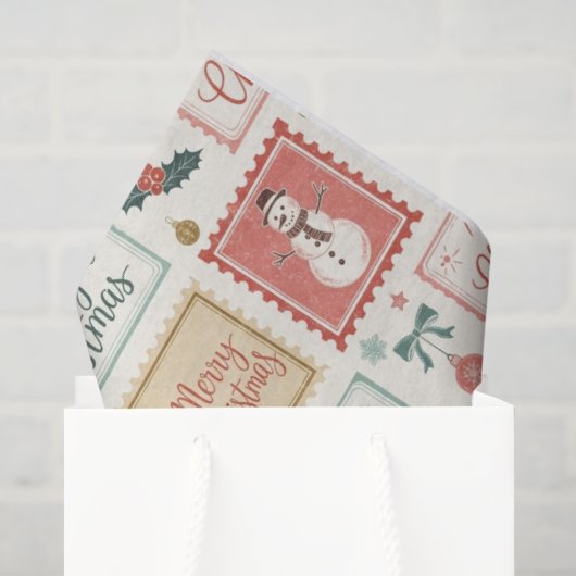 ヴィンテージ クリスマス 郵便切手 パターン 薄葉紙 (ギフトバッグ)