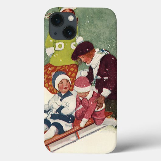 ヴィンテージ クリスマス、雪の中でそり遊びをする子供たち Case-Mate iPhoneケース (裏面)