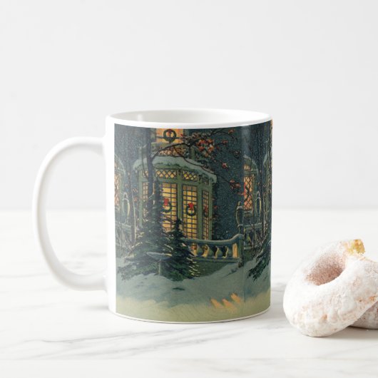ヴィンテージ クリスマス 飾り窓のリースの家 コーヒーマグカップ (ドーナツ)