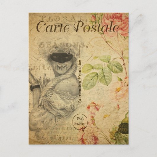 ヴィンテージ・グラマラス・レディー・ウーマン・フランスのマスク ポストカード (正面)