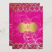 ヴィンテージ/グランジダマスク/スワール/ホットピンク 招待状 (正面/裏面)