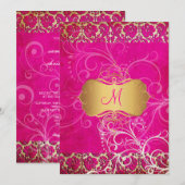 ヴィンテージ/グランジ/ダマスク/スワール/ホットピンク 招待状 (正面/裏面)