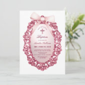 ヴィンテージ グリッター フレーム ピンク リボン 洗礼 招待状 (スタンド正面)