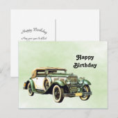 ヴィンテージ グリーン オート ウォーターカラー バースデー ポストカード (正面/裏面)