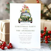 ヴィンテージ グリーン カー レトロ 水彩 クリスマス パーティー 招待状