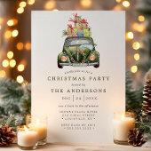 ヴィンテージ グリーン カー レトロ 水彩 クリスマス パーティー 招待状