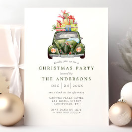 ヴィンテージ グリーン カー レトロ 水彩 クリスマス パーティー 招待状