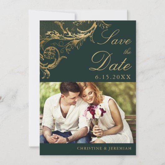 ヴィンテージ グリーン ゴールド フローラル ダマスク フォト ウェディング セーブザデート (正面)
