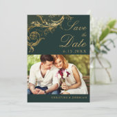ヴィンテージ グリーン ゴールド フローラル ダマスク フォト ウェディング セーブザデート (スタンド正面)