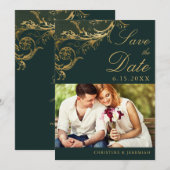 ヴィンテージ グリーン ゴールド フローラル ダマスク フォト ウェディング セーブザデート (正面/裏面)