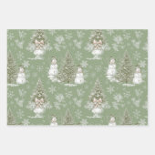 ヴィンテージ グリーン トワール クリスマス スノーマン ツリー ラッピングペーパーシート (正面2)