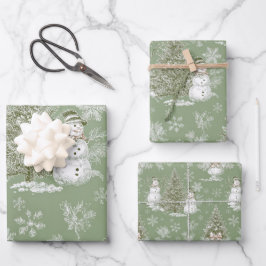 ヴィンテージ グリーン トワール クリスマス スノーマン ツリー ラッピングペーパーシート