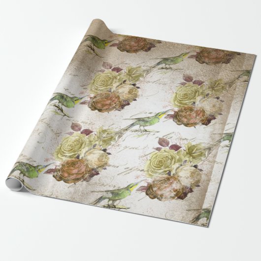 ヴィンテージ·グリーン·バード·アンド·バラ ラッピングペーパー (アンロールド)