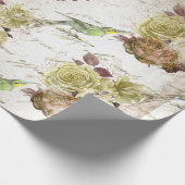 ヴィンテージ·グリーン·バード·アンド·バラ ラッピングペーパー (角)