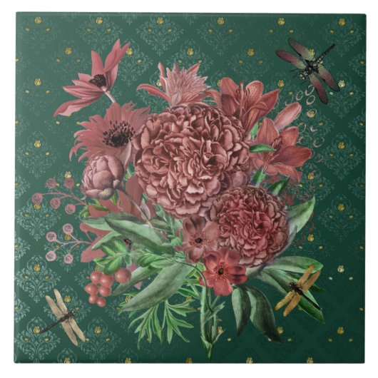 ヴィンテージ・グリーン・ピンク・フローラ・ドラゴンフライ タイル (正面)