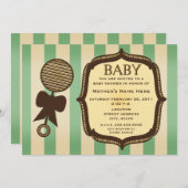 ヴィンテージ·グリーン·ベイビー·シャワー·ラトル&ストライプ 招待状 (正面/裏面)