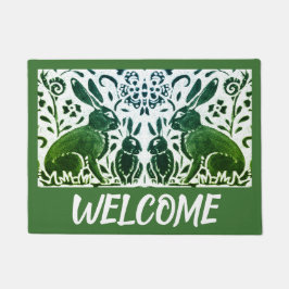 ヴィンテージ・グリーン・ホワイト・ウサギ・フリージ・ウェルカム ドアマット