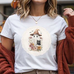 ヴィンテージ コケット ガール ゴースト & ブラックキャット ハロウィン トライブレンドTシャツ