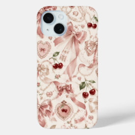 ヴィンテージ コケット ピンク リボンとチェリーの美学 iPhone 15ケース