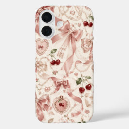 ヴィンテージ コケット ピンク リボンとチェリーの美意識 iPhone 16ケース