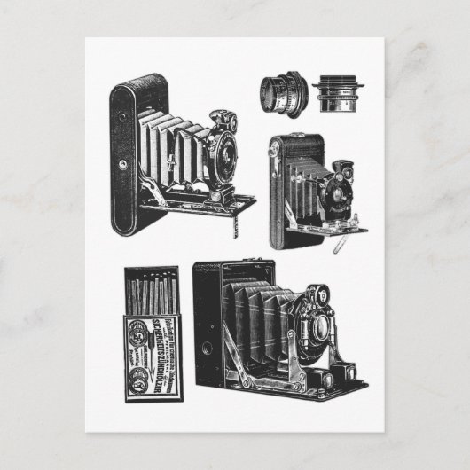 ヴィンテージ コラージュ シート 古いカメラ カメラレンズ ポストカード (正面)
