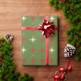 ヴィンテージ コンテンポラリー グリーン クリスマス スター ラッピングペーパー