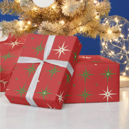 ヴィンテージ コンテンポラリー レッド クリスマス スター & ボール ラッピングペーパー