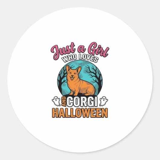 ヴィンテージ コーギー ハロウィーン 少女 愛犬家 Tシャツ デザイン ラウンドシール (正面)