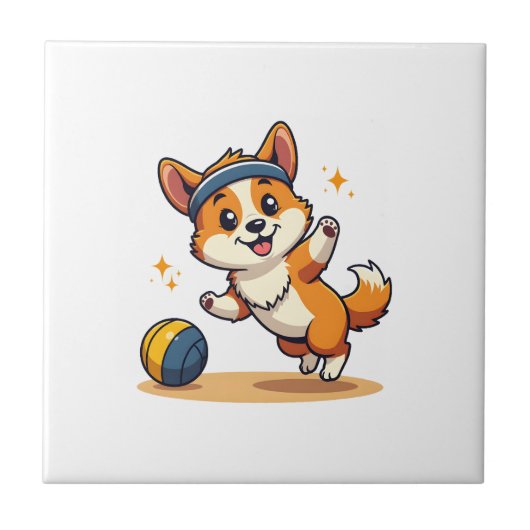 ヴィンテージ コーギー バレーボール 犬 ベクターイラスト S タイル (正面)