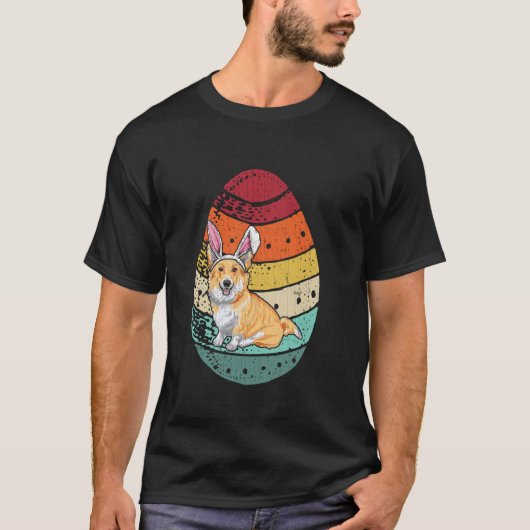 ヴィンテージ コーギー 犬 イースターエッグ うさぎの耳 ハッピーイースター Tシャツ (正面)