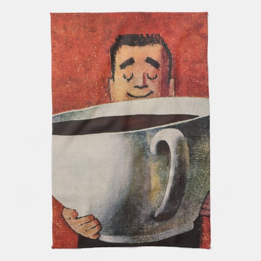 ヴィンテージ コーヒーの巨大なカップを飲む幸せな男性 キッチンタオル (縦)