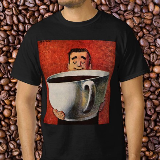 ヴィンテージ コーヒーの巨大なカップを飲む幸せな男性 Tシャツ
