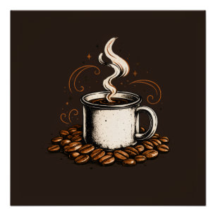 ヴィンテージ コーヒーマグとコーヒー豆   コージー コーヒー ポスター
