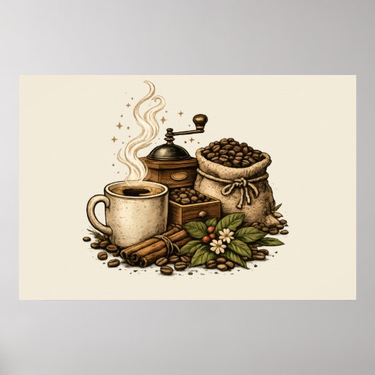ヴィンテージ コーヒー カップ イラスト ポスター (正面)