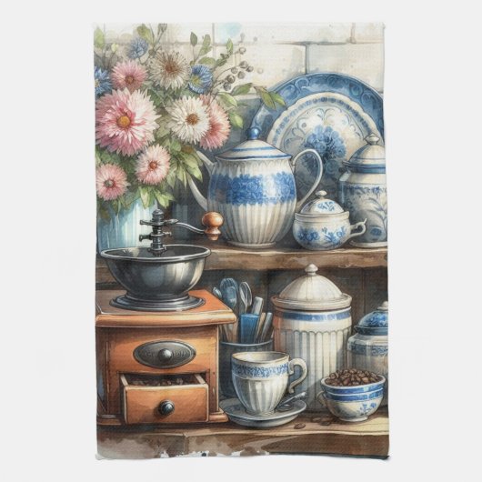 ヴィンテージ コーヒー カップ ポット プレート 青 キッチンタオル (縦)