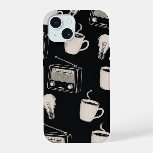 ヴィンテージ コーヒー ラジオ 電球 パターン 生地 iPhone 15ケース (裏面)