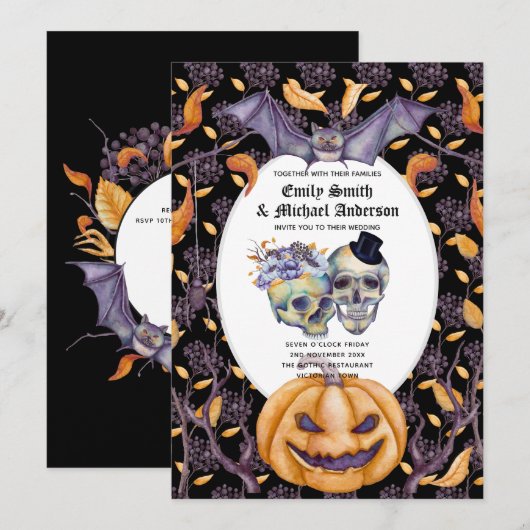ヴィンテージ ゴシック スカル パープル オレンジ フラワー ゴス 招待状 (正面/裏面)