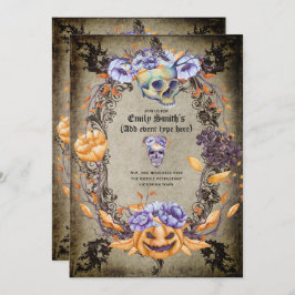 ヴィンテージ ゴシック スカル パープル オレンジ フラワー ゴス 招待状