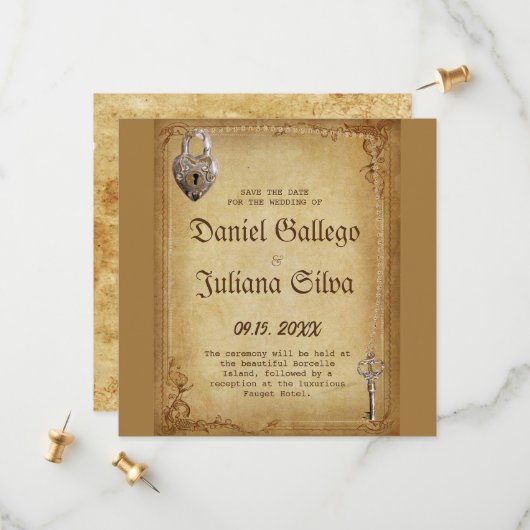 ヴィンテージ ゴシック スケルトン キー ウェディング セーブザデート (正面/裏面インサイチュ)