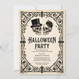 ヴィンテージ ゴシック ドクロのハロウィンパーティー 招待状