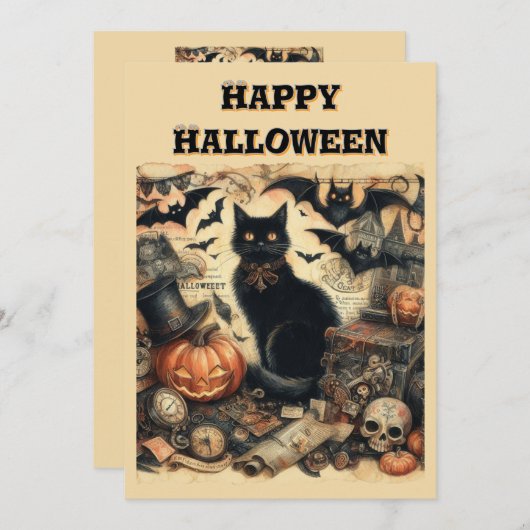 ヴィンテージ ゴシック ハロウィン 黒猫 子供用 シーズンカード (正面/裏面)