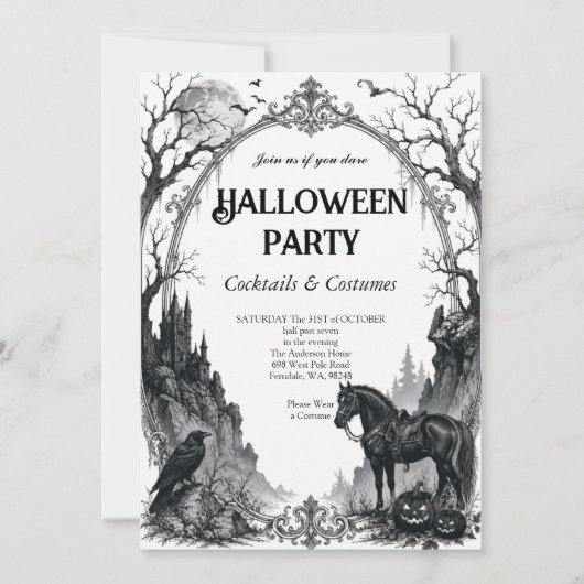 ヴィンテージ ゴシック レイヴン ハロウィンパーティー招待状 招待状 (正面)