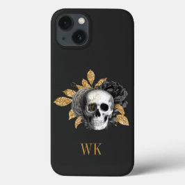 ヴィンテージ ゴシック 黒と金 花柄 ドクロ iPhone 13ケース