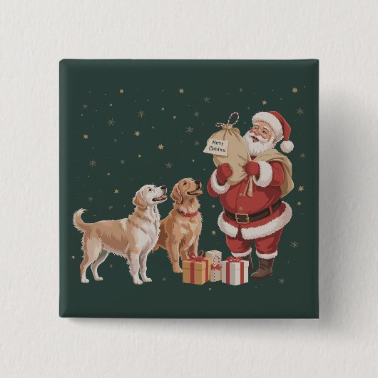ヴィンテージ ゴールデンレトリバー サンタ クリスマス 犬好き 母 缶バッジ (正面)