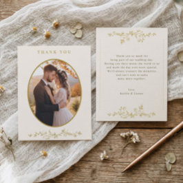 ヴィンテージ ゴールド＆アイボリー フランス風フラワーの結婚式 写真 サンキューカード