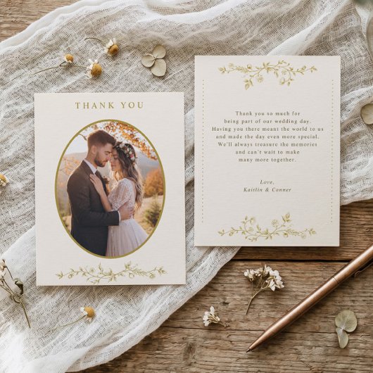 ヴィンテージ ゴールド&アイボリー フランス風フラワーの結婚式 写真 サンキューカード