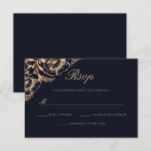 ヴィンテージ ゴールド ネイビー フラワー ウェディング RSVP (正面/裏面)