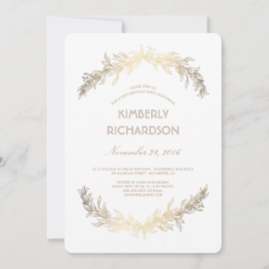 ヴィンテージ ゴールド ローレルリース 誕生日パーティー 招待状 (正面)