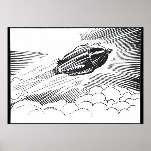 ヴィンテージ サイエンスフィクション 宇宙船 ロケット 雲の中 ポスター (正面)